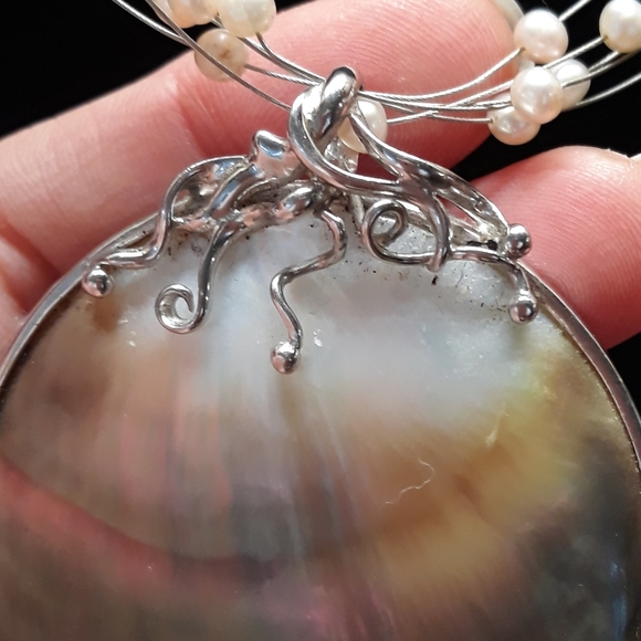 925 sterling mother of pearl disc with seed pearl necklace - Picture 3 of 9